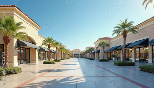 Exterior view of a modern shopping plaza with palm trees and a clear blue sky. Ideal for retail, real estate, or commercial property themes.