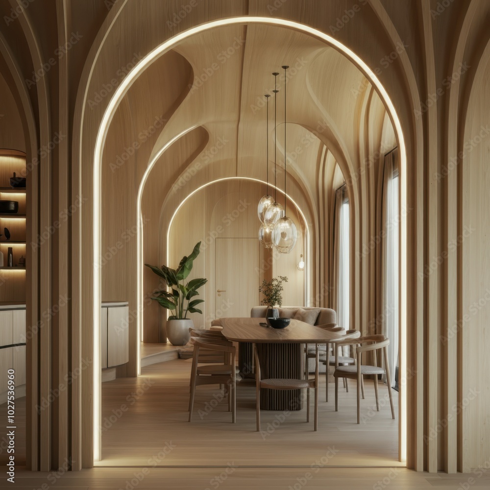 Minimalist interior design of modern dining room with abstract wood paneling arched wall. Minimalist interior design of modern dining room with abstract wood paneling arched wall.