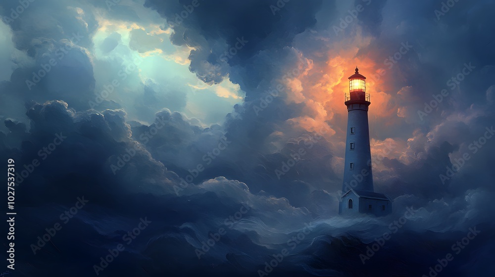 A solitary lighthouse stands tall against a stormy sky.