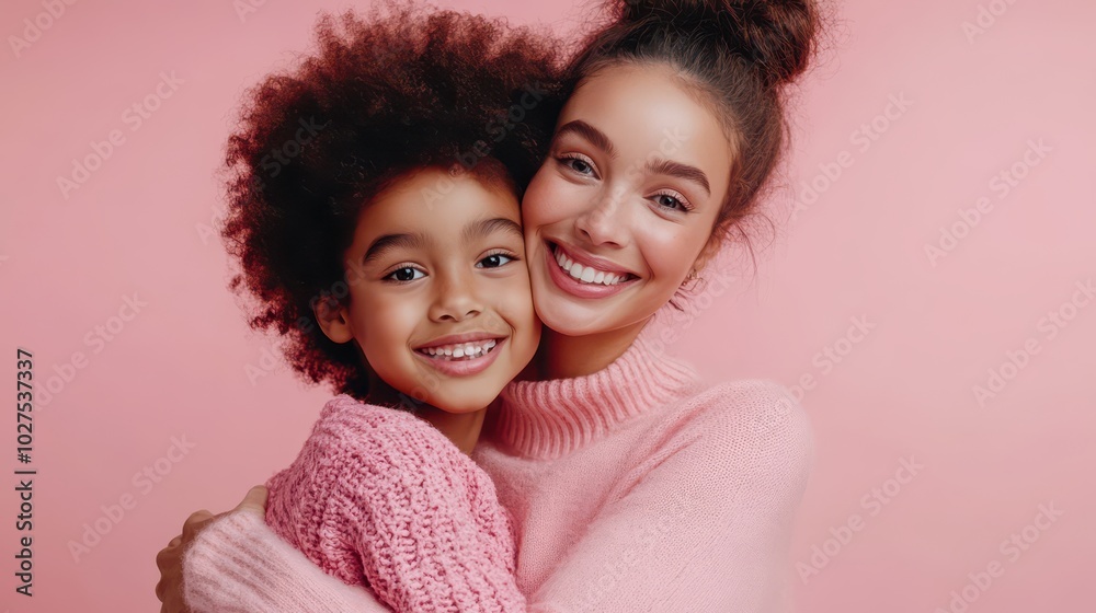 A mother embraces her daughter, creating a joyful moment against a soft pink pastel background during a heartwarming family moment A mother embraces her daughter, creating a joyful moment against a soft pink pastel background during a heartwarming family moment