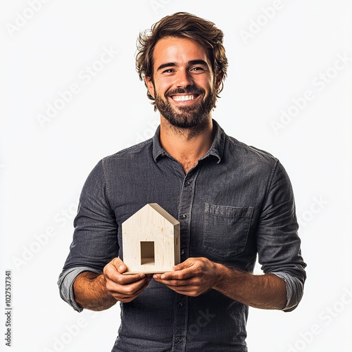 Man Smiling Holding House Model. Mortgage, New House Concept