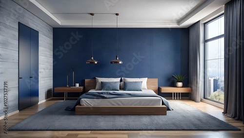 Minimalist interior design of modern bedroom with carpet navy blue wall