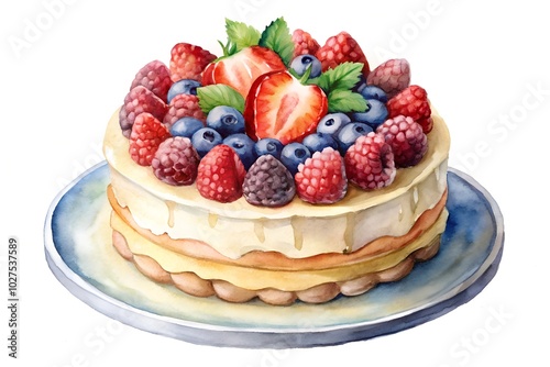 Watercolor hand drawn berry cake on a white background