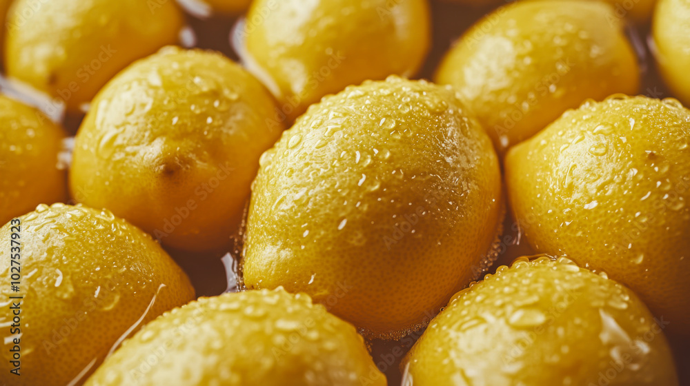 Freshly washed lemons resting in water with droplets glistening under bright light in a kitchen setting Freshly washed lemons resting in water with droplets glistening under bright light in a kitchen setting