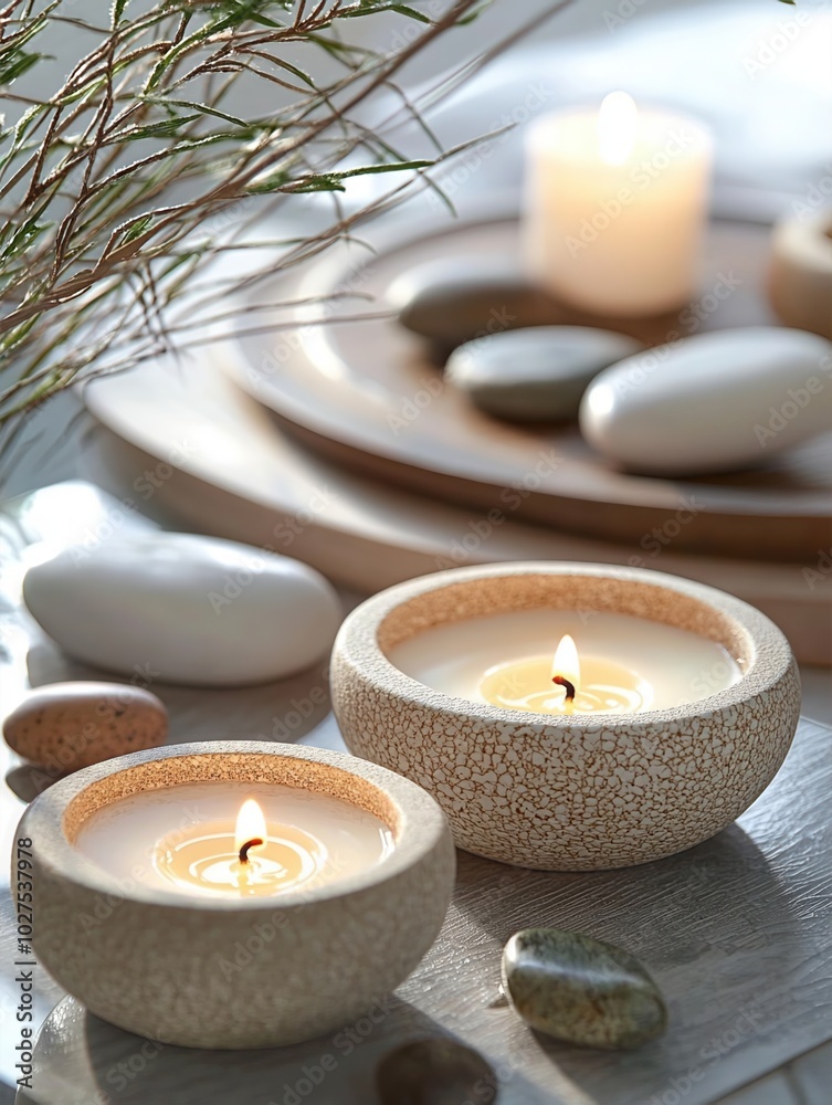 Elegant candles in textured bowls surrounded by calming stones, perfect for a serene home ambiance.