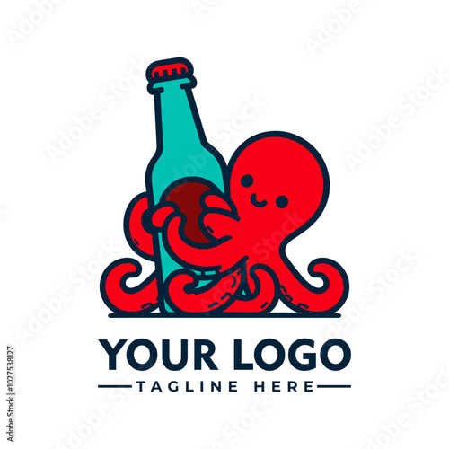 Red octopus hugging beer vector logo bottle octopus wrapping its tentacles around a beer bottle, perfect for quirky and unique bar or brewery designs.