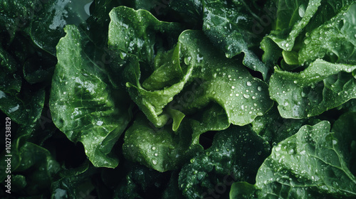 Fresh green lettuce with water droplets close-up, showcasing its natural texture and vibrant color after being washed in the kitchen