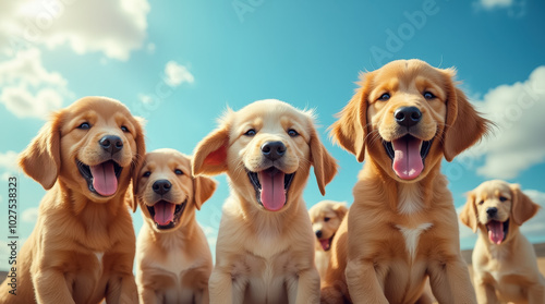 A group of five golden retriever puppies stands together, happily panting with their tongues out, under a bright blue sky on a beautiful day