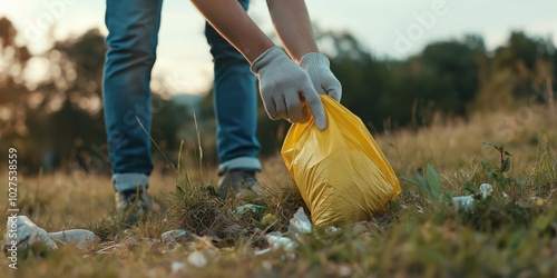 A volunteer wearing gloves actively picks up litter in a natural setting, demonstrating environmental responsibility and community activism on a sunny day. photo