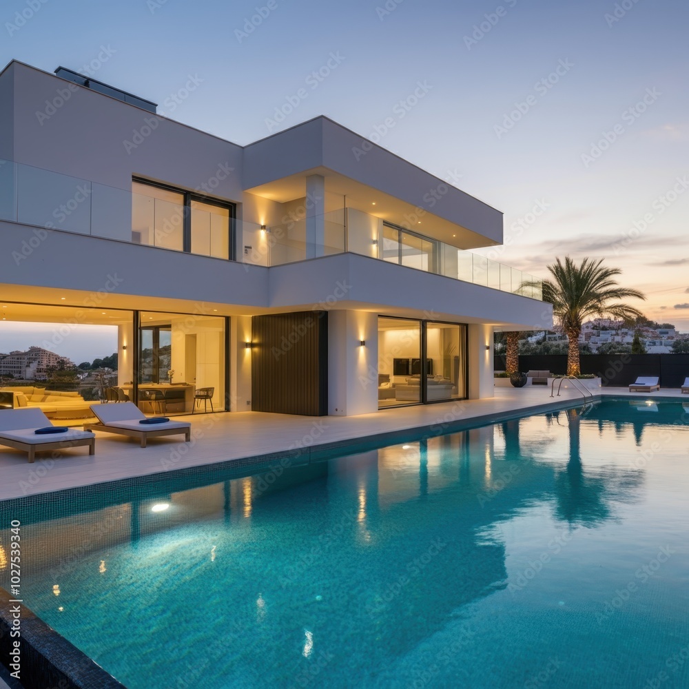 Fototapeta premium Exterior of modern minimalist cubic villa with swimming pool at sunset. Created with generative Ai