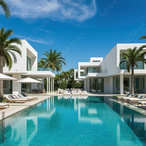 Exterior of amazing modern minimalist cubic villa with large swimming pool among palm trees. Created with generative Ai