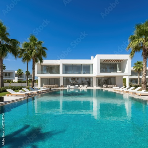 Exterior of amazing modern minimalist cubic villa with large swimming pool among palm trees. Created with generative Ai