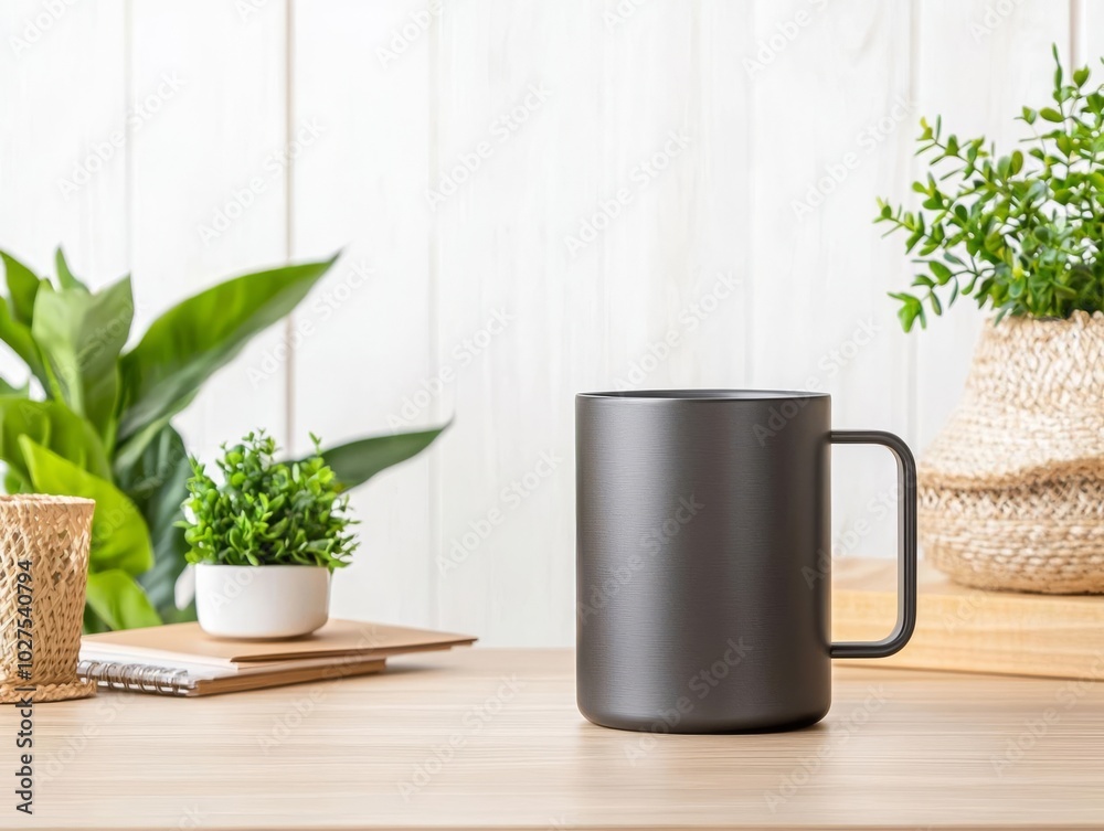 Elegant metal mug in a minimalistic office desk setup, perfect for business branding displays, metal mug mockup, corporate branding