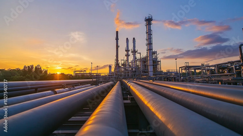 Oil pipeline with factory in the background at sunset