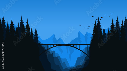 mountain flat design with bridge vector illustration good for poster template, web banner, blog banner, website background, tourism promo poster, adventure design backdrop and advertising