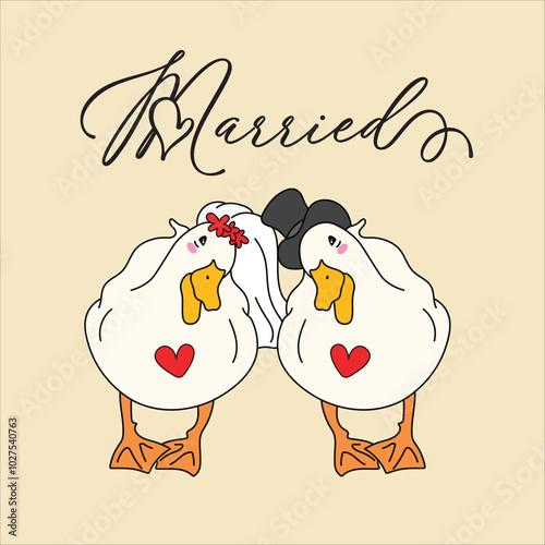 Hhand drawn happy couple duck, cute bride and groom duck vector, married clipa art