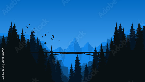 mountain flat design with bridge vector illustration good for poster template, web banner, blog banner, website background, tourism promo poster, adventure design backdrop and advertising