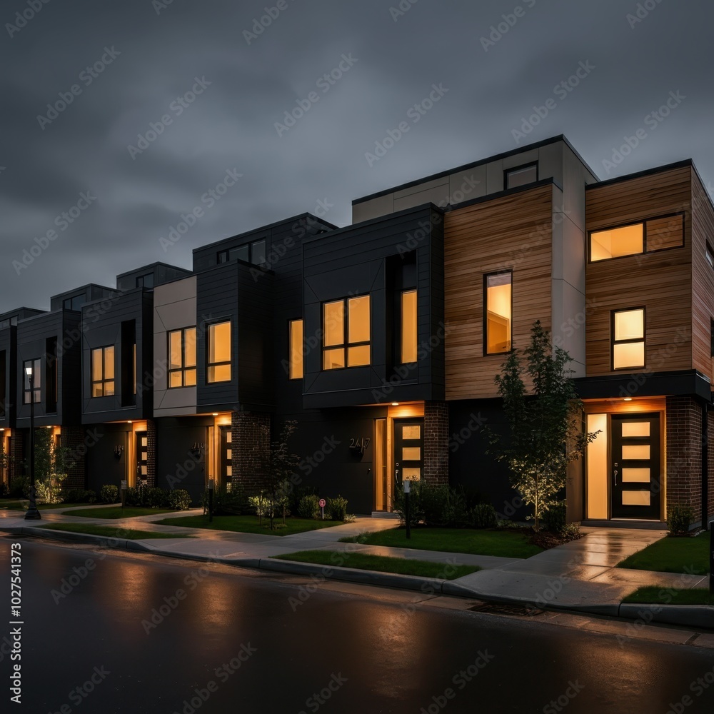 Obraz premium Modern modular private black townhouses. Residential architecture exterior. Created with generative Ai