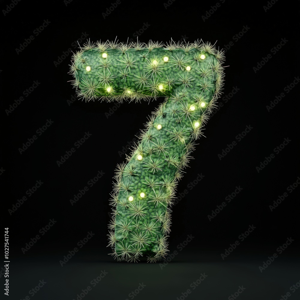3D number 7 with cactus texture realistic modern design, soft lighting, black background 