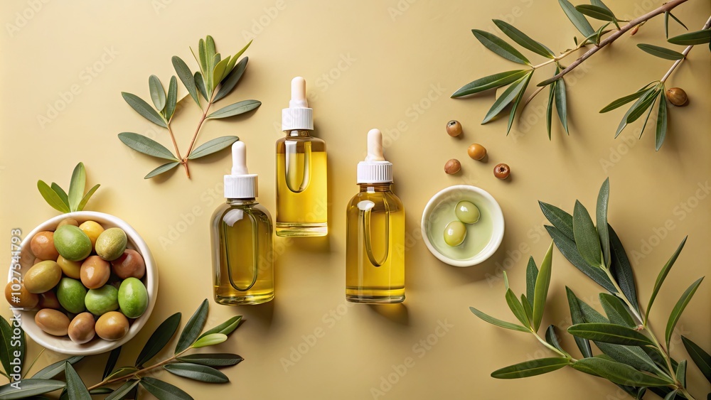Collection of essential oils with olives and leaves.