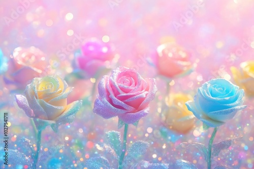 Wallpaper Mural Sparkle-Adorned Rainbow Roses in Pastel Tones Torontodigital.ca