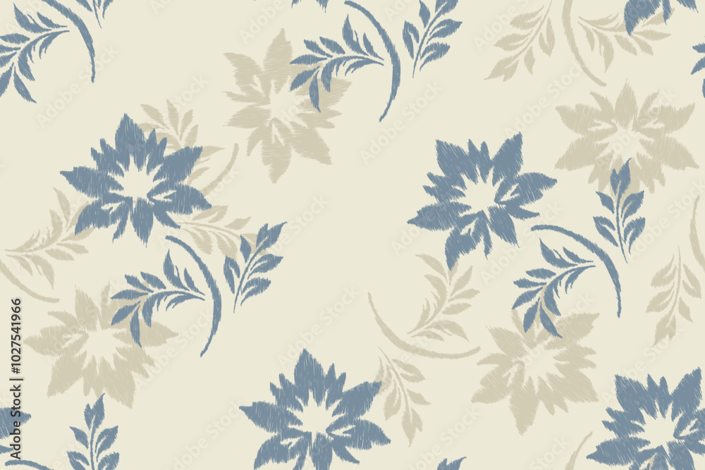 Seamless floral Ikat and damask pattern with blue and beige flowers on cream background. Vintage textile fabric design perfect for wallpaper, upholstery, and interior decor. Seamless floral Ikat and damask pattern with blue and beige flowers on cream background. Vintage textile fabric design perfect for wallpaper, upholstery, and interior decor.