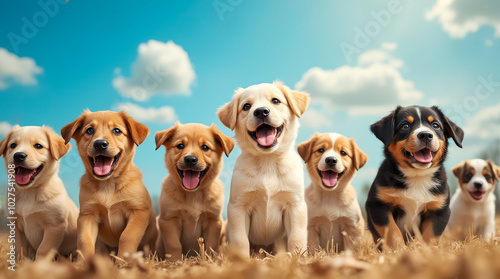 A lively pack of adorable puppies strolls joyfully together under a bright blue sky, surrounded by soft clouds and a lush green field, radiating happiness