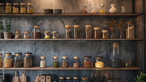 a wooden shelf full of different spices and herbs