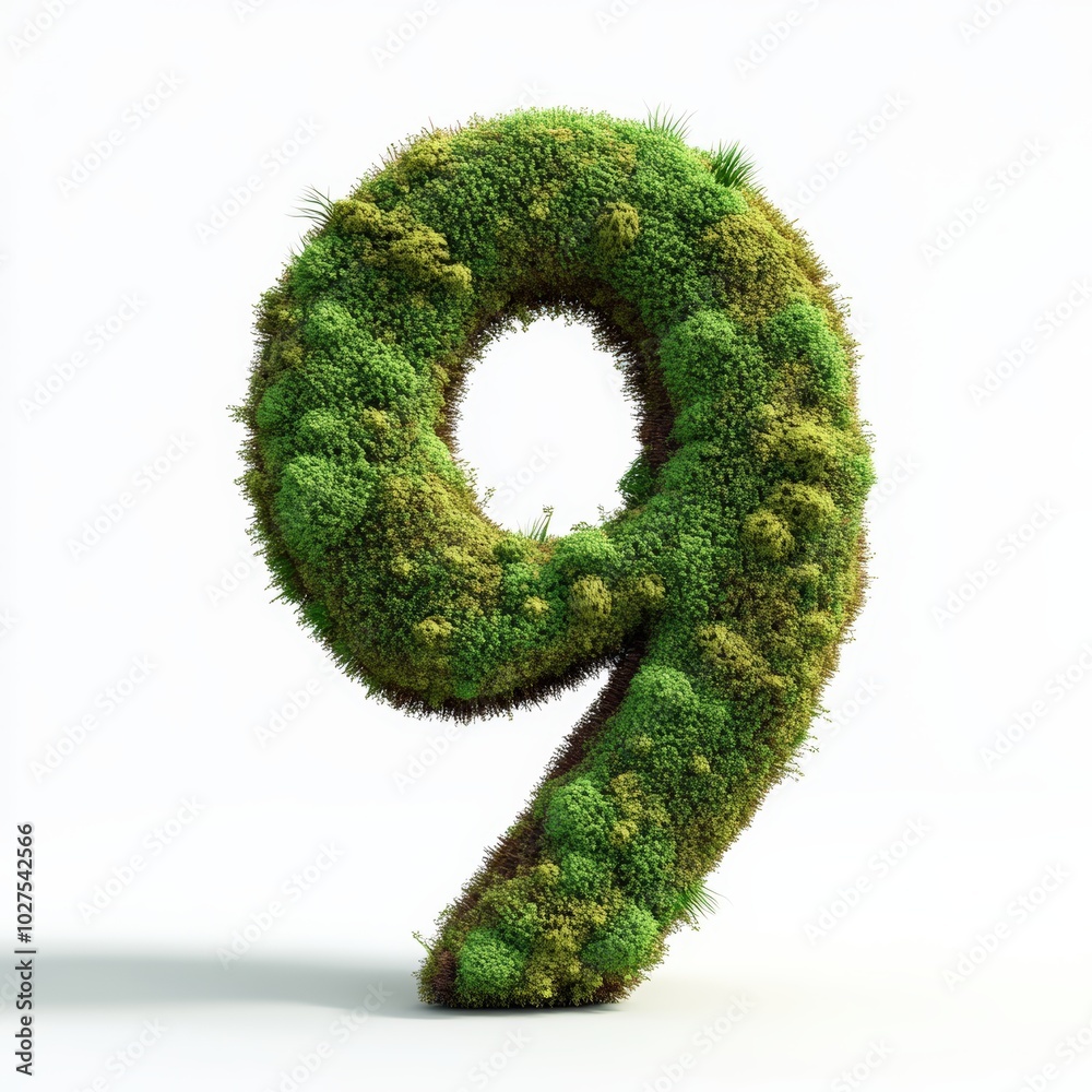 3D number 9 with moss texture realistic modern design, soft lighting, white background 3D number 9 with moss texture realistic modern design, soft lighting, white background