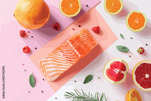 Raw piece of salmon, lemon slices and spices on a white board, top view