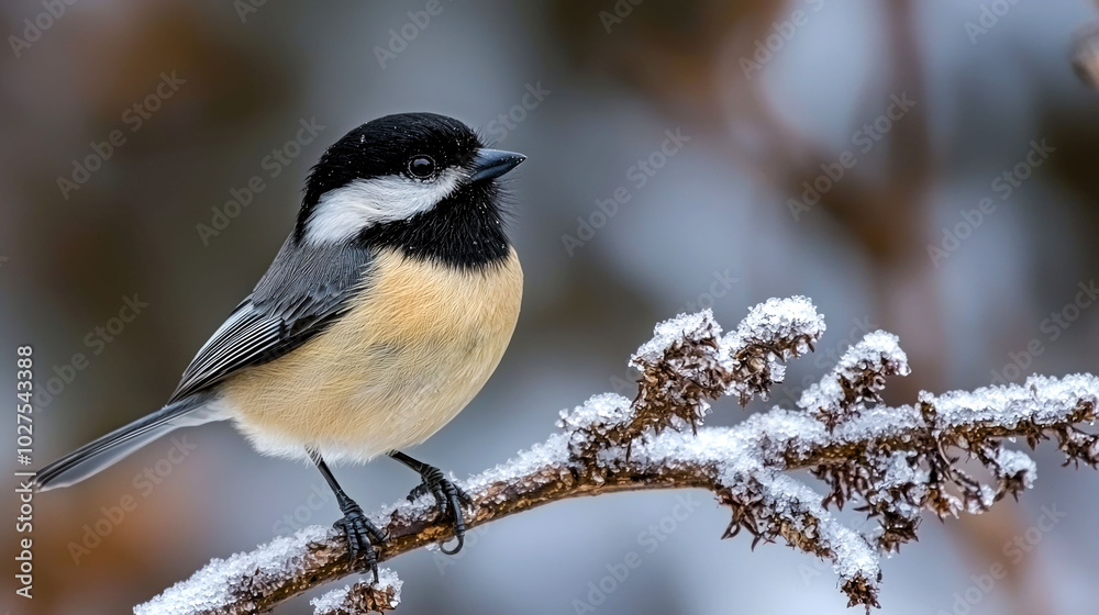 Obraz premium A small black-capped chickadee perched on a snow-covered branch, with a blurred background of more branches and a hint of brown leaves.