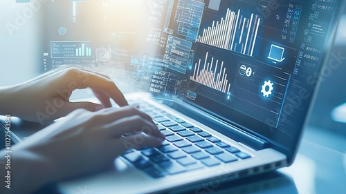 Product test feedback analysis concept. Hands typing on a laptop, analyzing product feedback reports, close-up on detailed data analysis