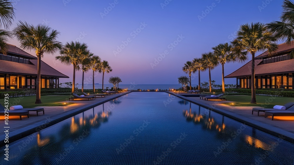 Obraz premium Serene Poolside at Dusk with Ocean View