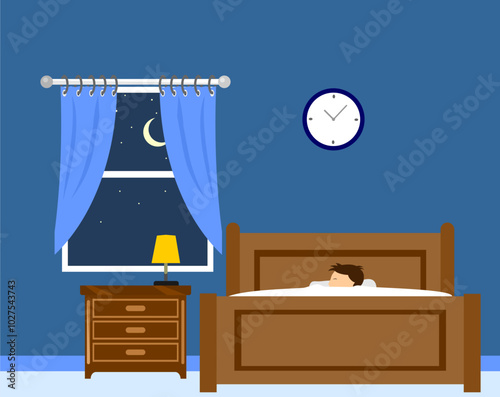 Illustration of a boy sleeping in the bedroom during night time