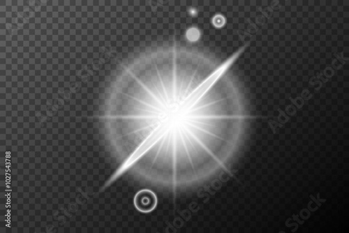 Light effect, Isolated white transparent flare explosion sparkle dust line solar flare spark star spotlight, vector special effect