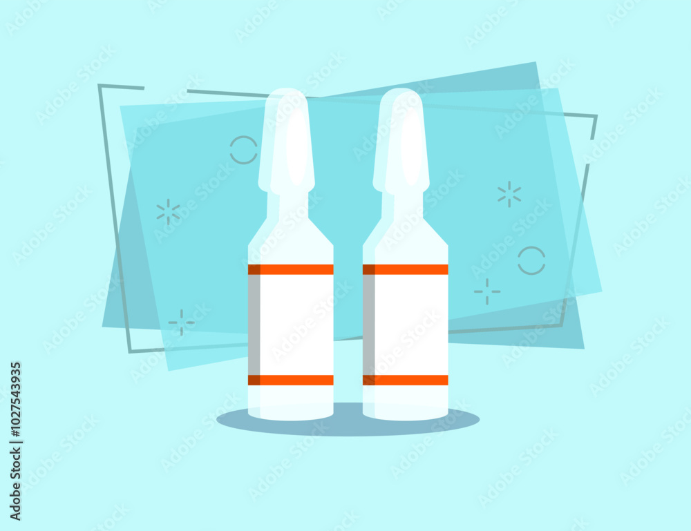 Obraz premium Couple of ampoules with labels. Glass, vial, injection. Medical help concept. Vector illustration can be used for topics like vaccination, cure, medication, treatment
