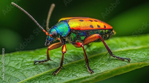 a close-up of a vibrant insect on a leaf, highlighting the beauty and intricacy of nature