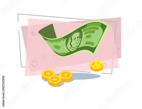 Dollar bill and coins vector. Payment, wages, income. Money concept. Vector illustration can be used for topics like finance, banking, economy