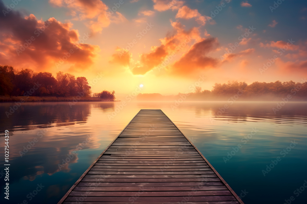 Walkway to a lake in perspective without railing and with a sunrise.