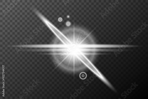 Light effect, Isolated white transparent flare explosion sparkle dust line solar flare spark star spotlight, vector special effect