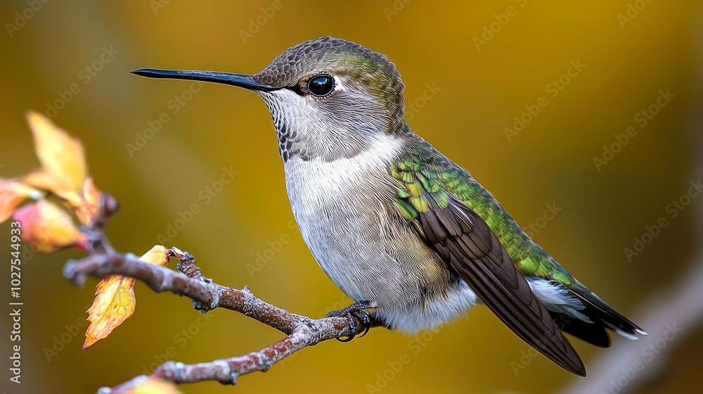 Fototapeta premium A small, green and grey hummingbird perched on a twig with a blurred golden background.