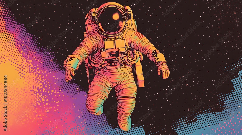 Fototapeta premium An astronaut in a colorful space suit floats against a starry background.