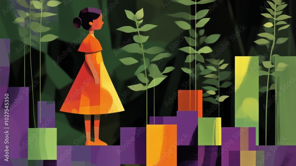 This vibrant art illustration captures a child standing contemplatively in an abstract, geometric landscape. This vibrant art illustration captures a child standing contemplatively in an abstract, geometric landscape.