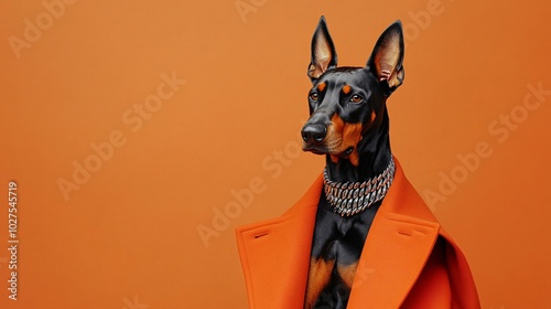 A Black and Tan Doberman Wearing a Silver Chain and Orange Coat photo