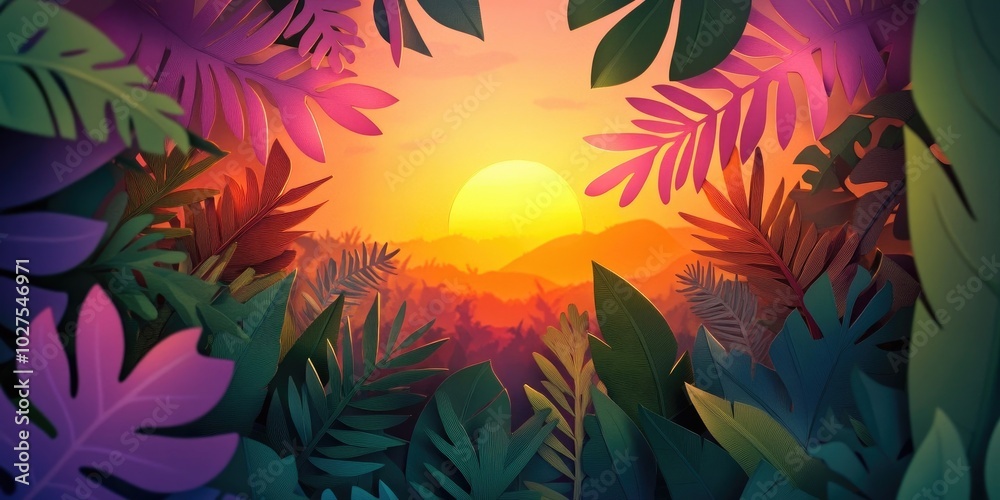Sunset over lush greenery with vibrant leaves, showcasing the beauty of nature, Vibrant sunset over lush foliage highlighting natural beauty Sunset over lush greenery with vibrant leaves, showcasing the beauty of nature, Vibrant sunset over lush foliage highlighting natural beauty