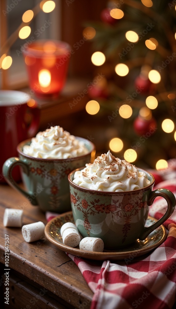 Delightful cups of hot chocolate with whipped cream and marshmallows, beautifully presented for the festive season Delightful cups of hot chocolate with whipped cream and marshmallows, beautifully presented for the festive season