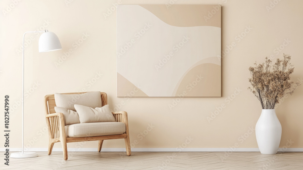 Empty Living Room with Beige Abstract Art and Comfortable Furnishing