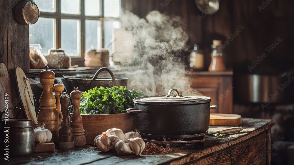 a rustic kitchen filled with ingredients for making broth, creating an inviting atmosphere a rustic kitchen filled with ingredients for making broth, creating an inviting atmosphere