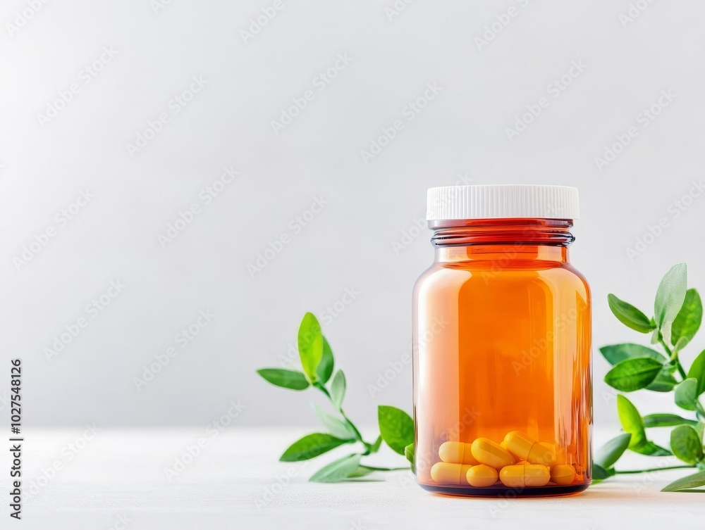 Pill jar with glossy finish, placed on a textured surface with customizable branding area, Plastic Jar, Stylish Packaging Display Pill jar with glossy finish, placed on a textured surface with customizable branding area, Plastic Jar, Stylish Packaging Display