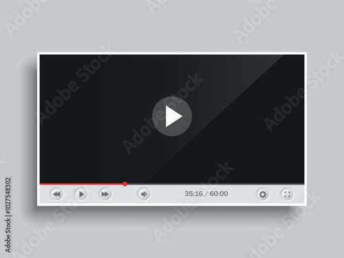 White flat video player for online viewing. Vector on a gray background.